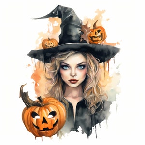 Paquete de imágenes prediseñadas de acuarela de retrato de bruja linda de Halloween, conjunto de sublimación de ilustraciones de retratos de brujas de Halloween, portada de libro de retratos de brujas