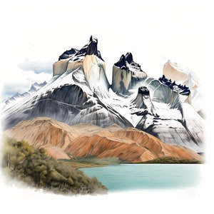 Schizzo ad acquerello del Parco Nazionale Torres del Paine, Schizzo stampabile del Parco Torres del Paine, Creazione di pianificatori, Massiccio del Paine, Arte dei Laghi Turchesi