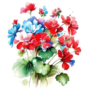 May include: A watercolor painting of a bouquet of red, pink, and blue flowers with green leaves. The flowers are arranged in a loose, natural style, and the painting has a soft, romantic feel.