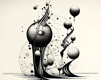Può includere: Illustrazione astratta in bianco e nero di un albero stilizzato con più forme rotonde e linee vorticose.