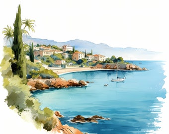 Beautiful Mediterranean Landscape Watercolor Clipart Bundle, French Riviera Printable Sketch, Card Making, Mediterranean Scenery, Commercial