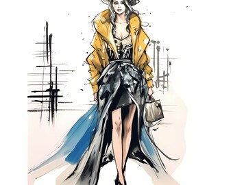 Watercolor Pencil Sketch Vibrant Fashion Girl Clipart, Modern