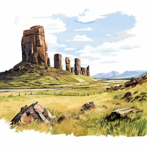 Arte dello schizzo ad acquerello del Parco Nazionale di Rapa Nui, Arte dello schizzo stampabile di Rapa Nui, Creazione di cartoline e diari, Arte della parete del paesaggio, Meraviglie naturali