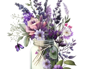 Watercolor Lavender Clipart, Provence Floral Bouquet Set, Junk Journaling, Card Making, Mixed Media,  Instant Download, Commercial License