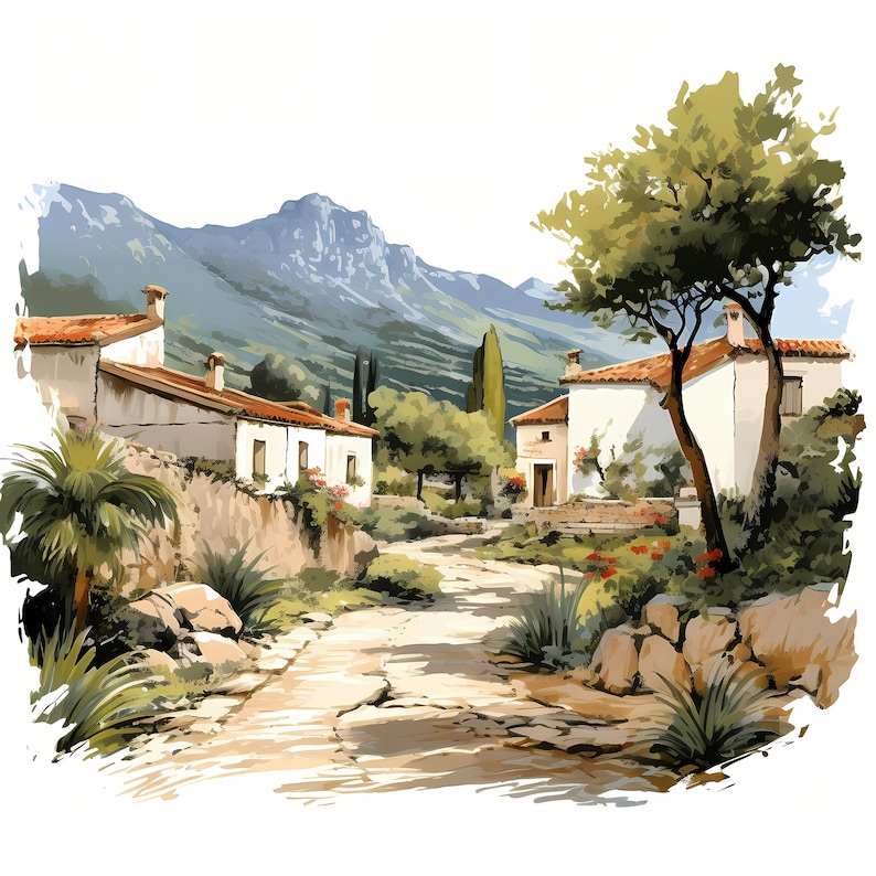 Mediterranean Landscape Watercolor Clipart Bundle, Mediterranean Landscape Printable Sketch, Card Making, Mediterranean Scenery, Commercial Use