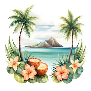 Hawaii Paradise Watercolor Drawing Clipart Bundle, Tropical Paradise PNGs Clipart, Hawaii Aloha Vibes, Ilha Tropical, Paisagem Tropical