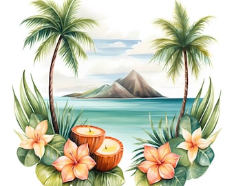 Hawaii Paradise Watercolor Drawing Clipart Bundle, Tropical