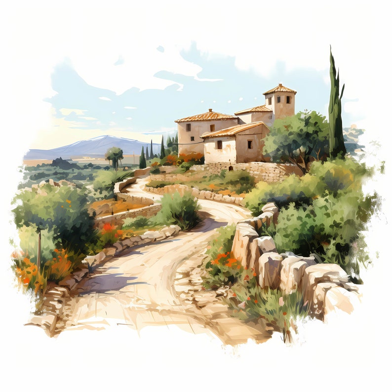 Mediterranean Landscape Watercolor Clipart Bundle, Mediterranean Landscape Printable Sketch, Card Making, Mediterranean Scenery, Commercial Use