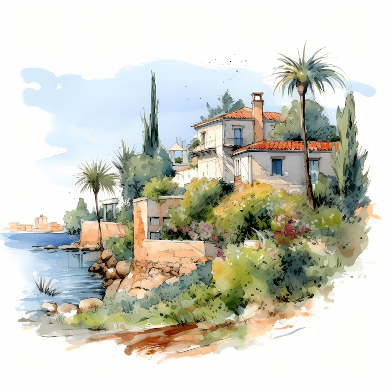 Mediterranean Landscape Watercolor Clipart Bundle, Mediterranean Landscape Printable Sketch, Card Making, Mediterranean Scenery, Commercial Use