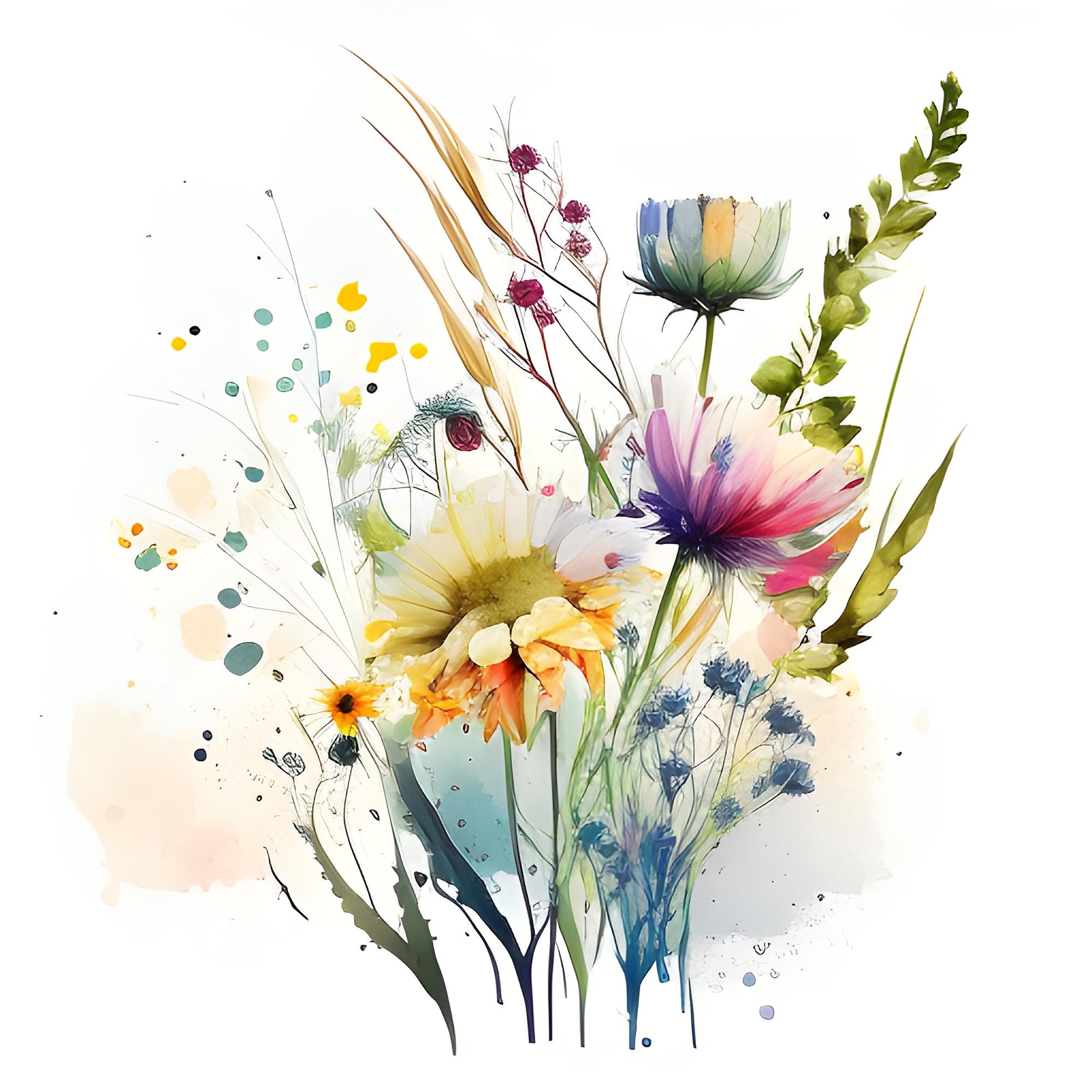 水彩画風の野花クリップアート、春の花束イラスト（デジタル