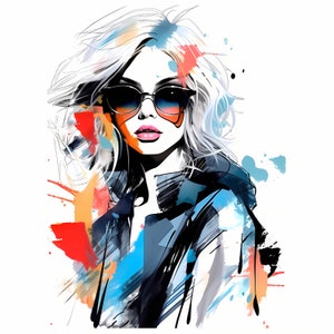 Aquarel levendige mode meisje clipart, moderne straatmode, kleurrijke mode meisje straat schilderij, mode illustratie, abstracte kunst s2
