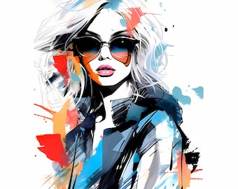 Watercolor Vibrant Fashion Girl Clipart, Modern Street Fashion, Colorful Fashion Girl Street Painting, Fashion Illustration, Abstract Art s2