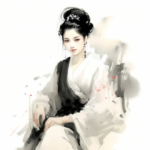 Pacchetto di clipart di pittura tradizionale cinese per donna, set di arte minimalista con inchiostro cinese tradizionale, arte da parete con pennello per inchiostro tradizionale cinese per donna
