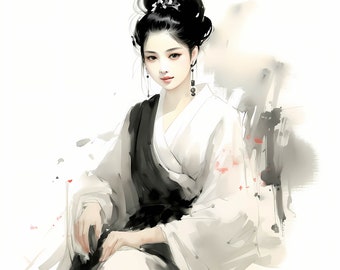 Traditional Chinese Woman Painting Clipart Bundle, Minimalist Traditional Chinese Ink Art Set, Traditional Chinese Woman Ink Brush Wall Art