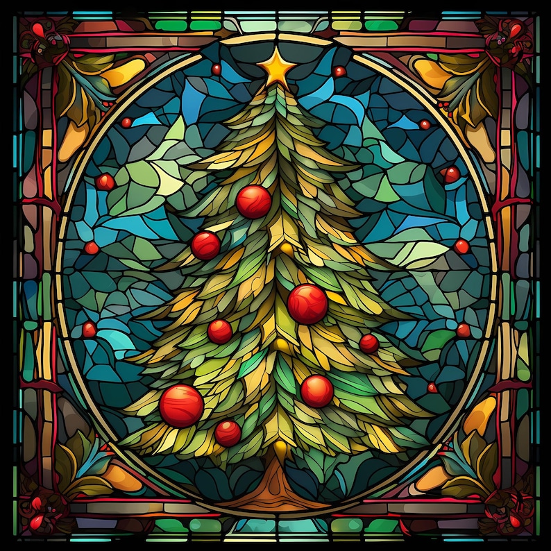 Stained Glass Christmas Tree Clipart, Christmas Tree Printable Set
