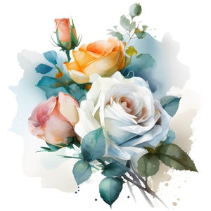 Clipart aquarelle rose blanche, clipart floral aquarelle, clipart rose blanche, fleurs blanches, bouquet de roses blanches, clipart fleurs blanches