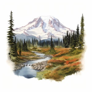 Parc national du Mont Rainier Aquarelle Sketch Art, Mount Rainier Printable Sketch Art, Fabrication de cartes, Volcan du Mont Rainier, Nord-Ouest du Pacifique