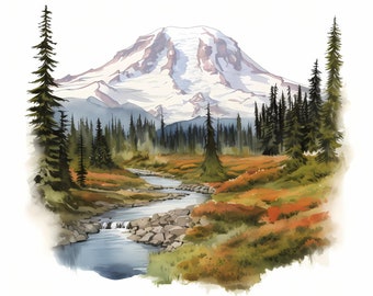 Mount Rainier-aquarelprint, National Park Sketch Art (digitale download)