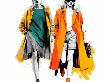 Watercolor Vibrant Fashion Girl Clipart, Modern Street Fashion Girl, Colorful Fashion Models Sketch, Fashion Illustration, Passion Fashion