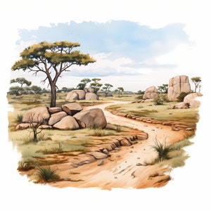 Pacote de arte de esboço em aquarela do Parque Nacional Kruger, arte de esboço para impressão do Parque Nacional Kruger, confecção de cartões, papel digital, arte de parede natural