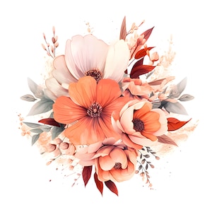 Fiori Boho dell'acquerello, Boho Flowers Peach Bouquet Clipart, Boho Bouquet Clipart, Inviti di nozze, Creazione di cartoline e diari, Commerciali