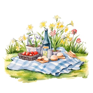 Aquarel picknickmand clipart, romantisch strand, tuin picknick clipart, diner picknick deken, kaart maken, digitaal papier, commercieel gebruik