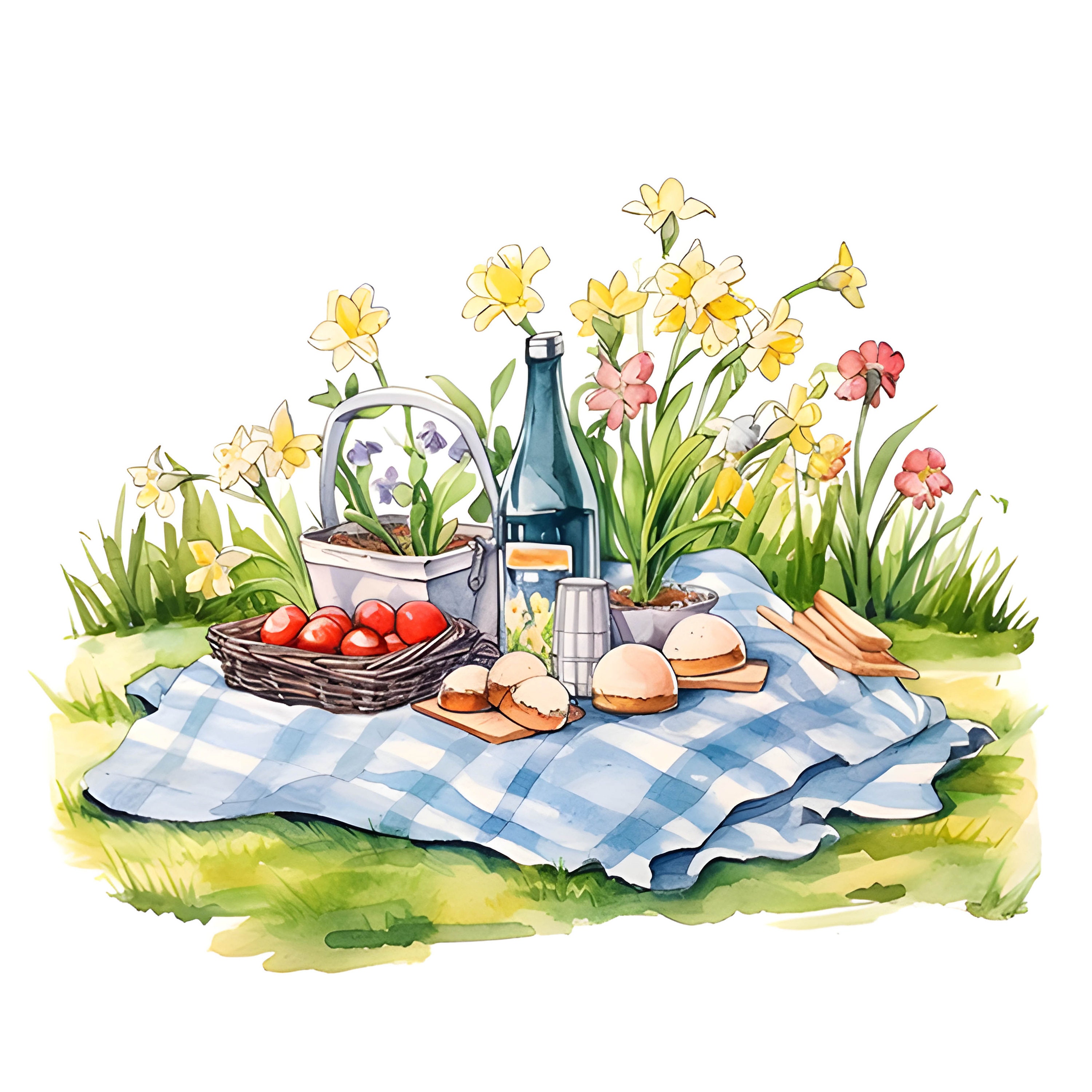 Watercolor Picnic Basket Clipart, Romantic Beach, Garden Picnic Clipart