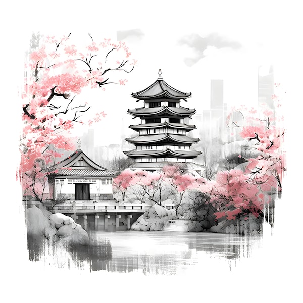 Minimalist Sketched Mountain Japan Landscape Clipart, Japan Landscape Pencil Sketch Art, Landscape Clipart, Card Making, Digital Art