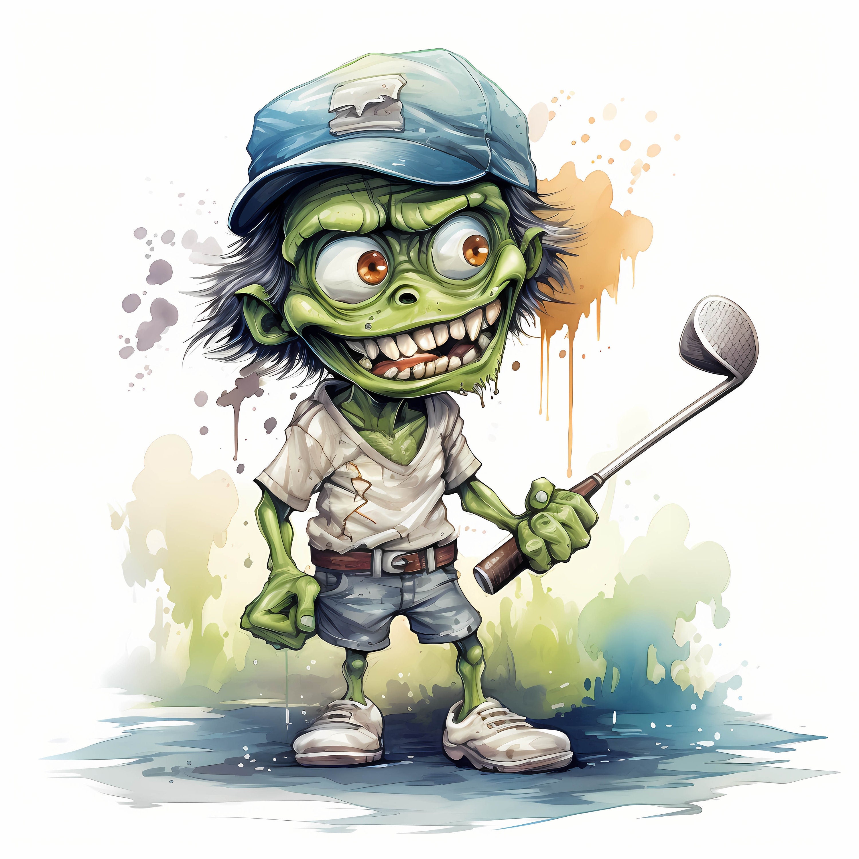 Zombie Golf Player Portrait Watercolor Clipart, Halloween Zombie Sports