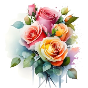 Clipart acquerello rosa, pacchetto floreale acquerello, clipart rosa, fiori rosa, bouquet di rose, clipart fiore rosa, decorazione murale, uso commerciale