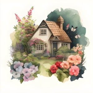 Watercolor Cottage House Clipart, Cottage House Watercolor Scene, Cottage House Clipart, Card Making, Scrapbooking, Junk Journal, Commercial