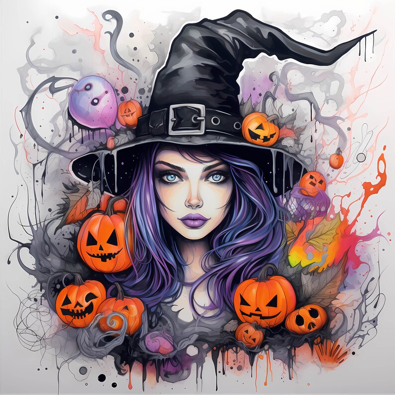 Halloween Cute Witch Watercolor Clipart Bundle, Halloween Witch Dark ...