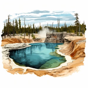 Paquete de arte de bocetos de acuarela del Parque Nacional de Yellowstone, conjunto de arte de bocetos imprimible del Parque Nacional, fabricación de tarjetas, papel digital, arte de la pared de la naturaleza