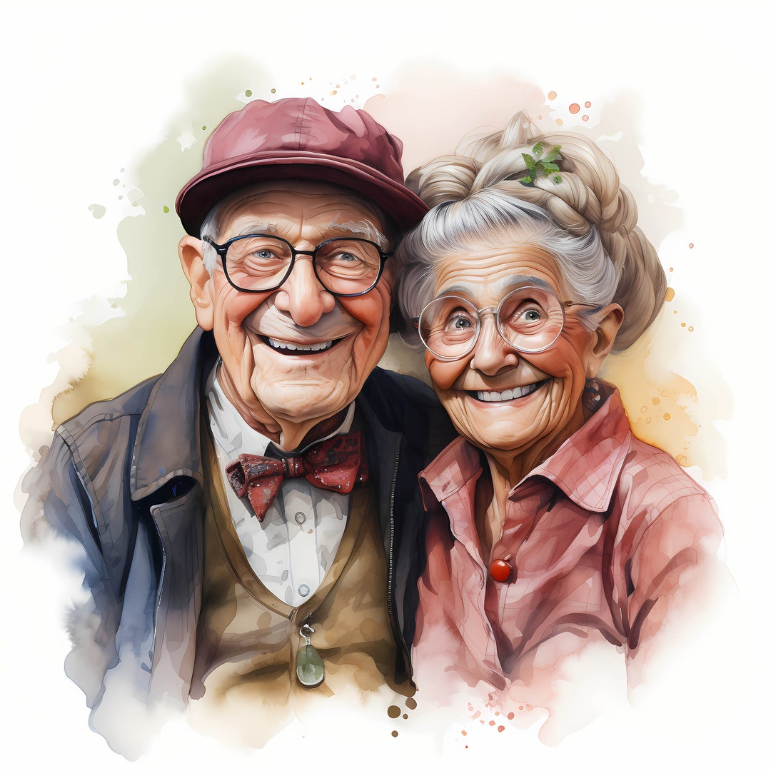 Funny Grandma and Grandpa Watercolor Clipart Bundle, Cute Elderly