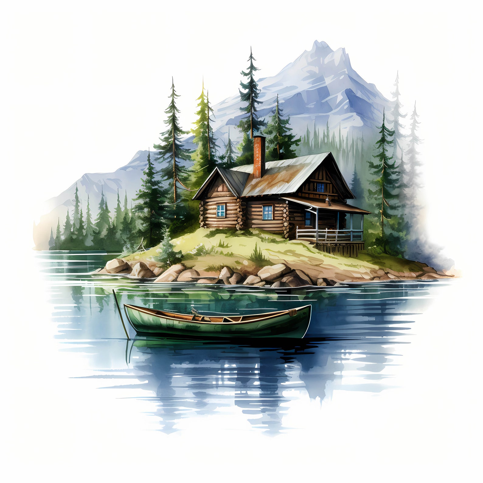 Romantic Mountain Cabin Watercolor Clipart, Canoe Lake Landscape Sketch ...
