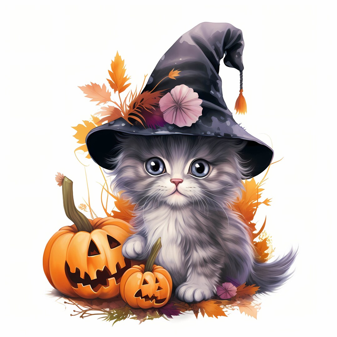 Halloween Cute Little Kitten Witch Portrait Watercolor Clipart