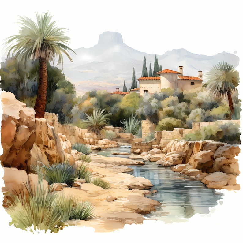 Mediterranean Landscape Watercolor Clipart Bundle, Mediterranean Landscape Printable Sketch, Card Making, Mediterranean Scenery, Commercial Use