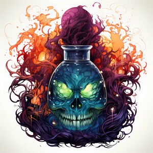Paquete de imágenes prediseñadas de acuarela de poción de bruja de Halloween, conjunto de sublimación de ilustraciones de poción de bruja de Halloween, diseños de sublimación, uso comercial