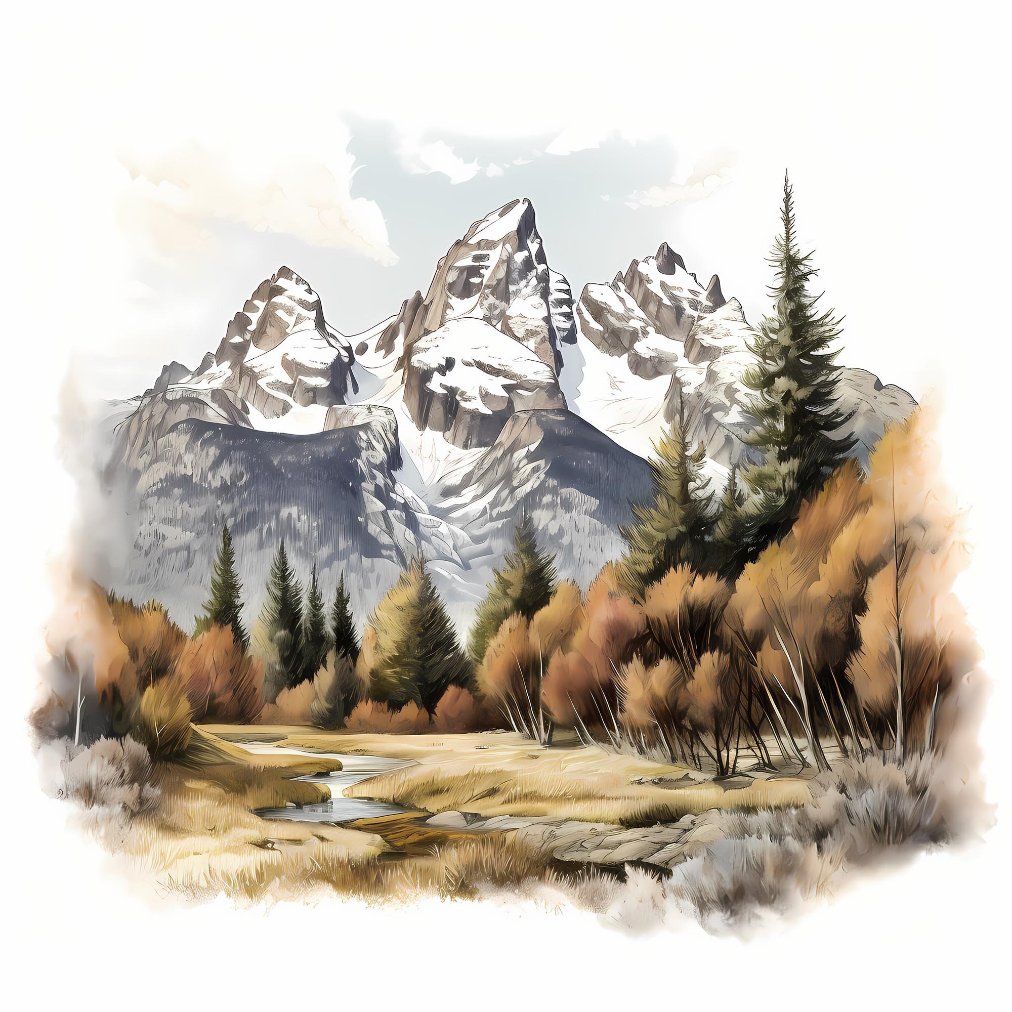 Grand Teton National Park Watercolor Sketch Art Set, Grand Teton ...