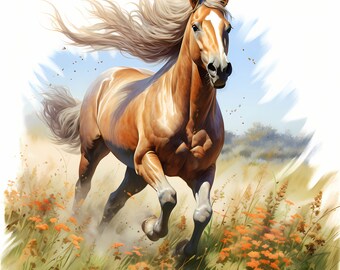 疾走する馬の肖像水彩クリップアートバンドル、自然の中を走る馬の