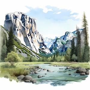 Paquete de arte de bocetos de acuarela del Parque Nacional Yosemite, conjunto de arte de bocetos imprimible del Parque Nacional, fabricación de tarjetas, papel digital, arte de la pared de la naturaleza