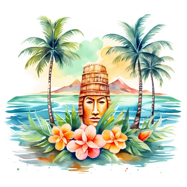 Hawaii Tiki Mask Watercolor Drawing Clipart Bundle, Tropical Paradise PNGs Clipart, Hawaii Aloha Vibes, Tropical Island, Tribal Hawaii Totem