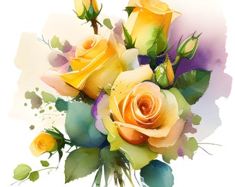 Yellow Rose Watercolor Clipart, Watercolor Floral Clipart, Yellow Rose Clipart, Yellow Flowers, Yellow Rose Bouquet, Yellow Flowers Clipart