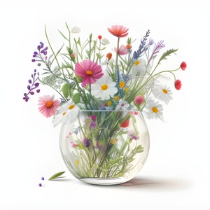 Vase de fleurs Clipart aquarelle, Clipart floral aquarelle, Clipart bouquet de fleurs sauvages, fabrication de cartes et de journaux, techniques mixtes, Commercial