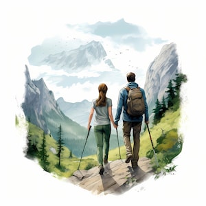 Paquete de imágenes prediseñadas de dibujo de senderismo de montaña, conjunto de imágenes prediseñadas de senderismo de amigos, actividad al aire libre, mochila, tienda de campaña, imágenes prediseñadas de senderismo en la naturaleza, uso comercial