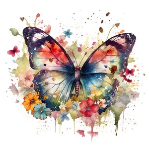 Pacote de clipart em formato de borboletas em aquarela e flores silvestres, flores silvestres - clipart floral de borboletas, flores silvestres, criação de cartões e diários