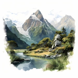 Pacchetto di schizzi ad acquerello del Parco nazionale di Fiordland, Schizzo stampabile del Parco nazionale di Fiordland, Creazione di cartoline Fiordland, Arte della parete naturale