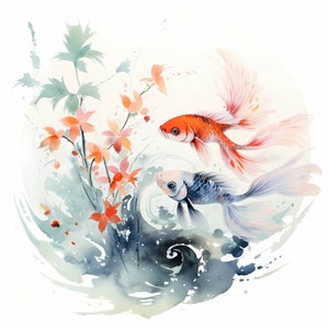 Pacchetto di clipart di pittura di pesce cinese tradizionale, set di arte dell'inchiostro cinese tradizionale minimalista, pittura cinese tradizionale di pesce nero rosso