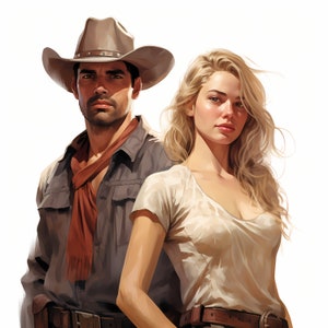 Imágenes Prediseñadas de acuarela de pareja de vaquera vaquera, Conjunto de ilustración de pareja occidental, Paquete de pareja amorosa del salvaje oeste, Pareja romántica, Uso comercial
