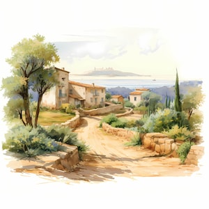 Mediterranean Landscape Watercolor Clipart Bundle, Mediterranean Landscape Printable Sketch, Card Making, Mediterranean Scenery, Commercial Use